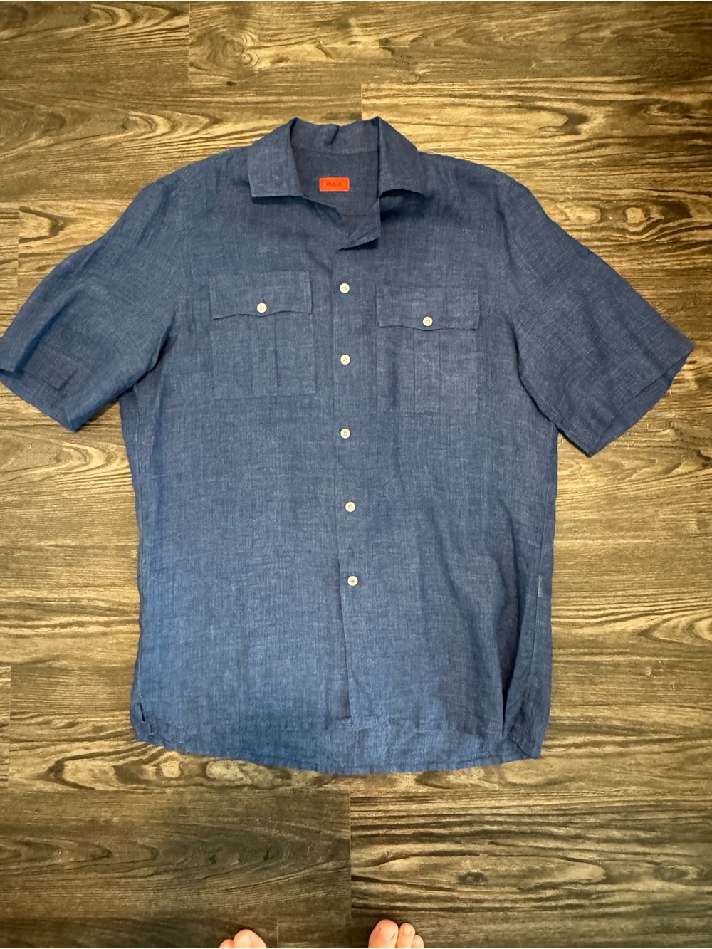 Isaia Navy Blue Short-Sleeve Linen Button-Front Shirt